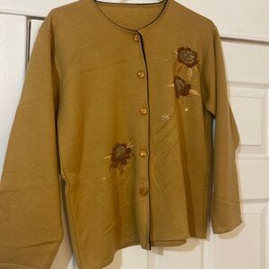 Vintage camel  tan colour-acrylic Knit round Neck Cardigan embroidered